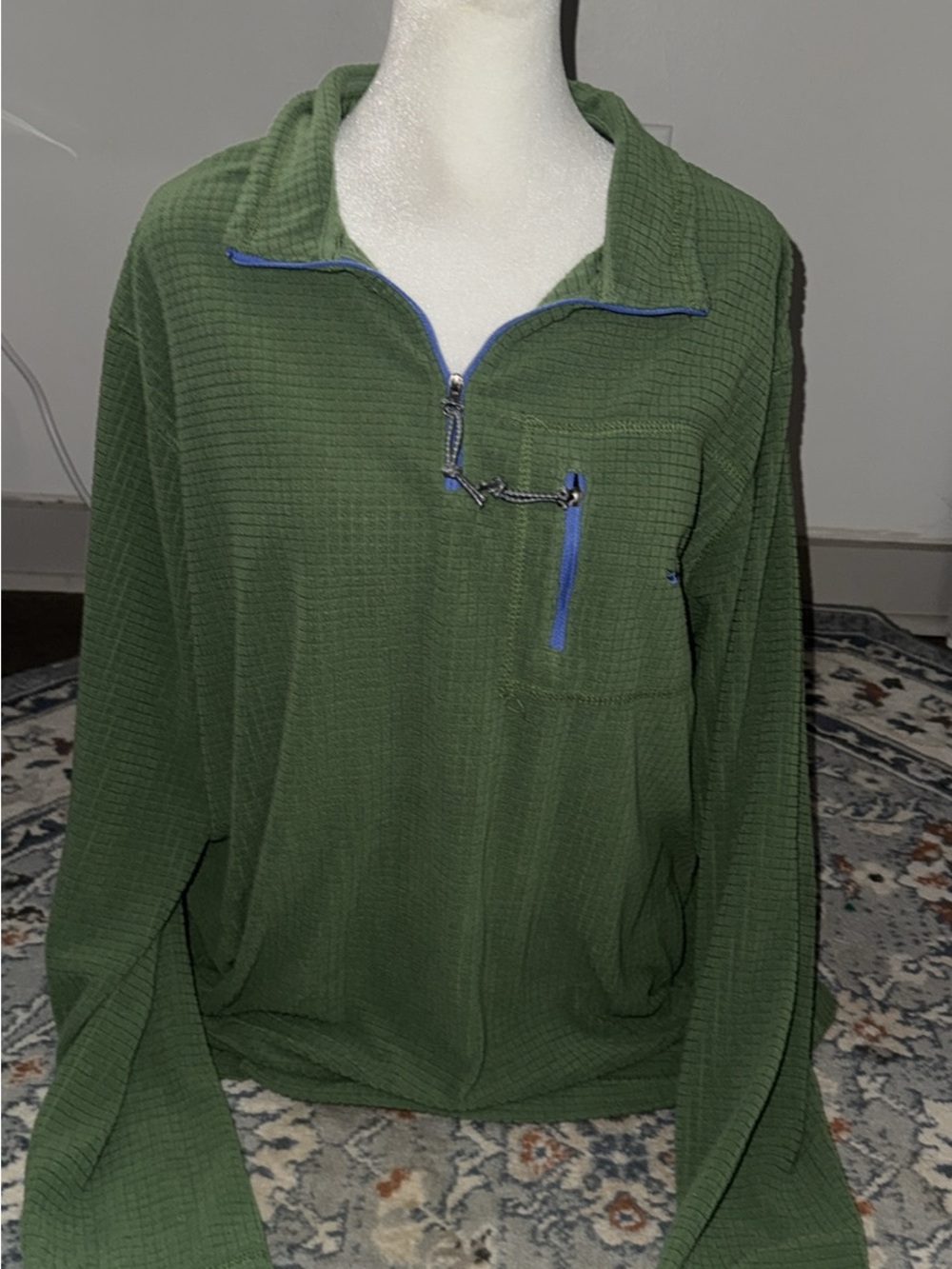 Southern Marsh Olive Green Quarter-Zip Waffle Pullover with Blue Trim